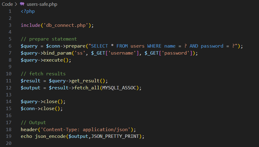 Nutzung von Prepared Statements zum verhindern von SQL-Injections.