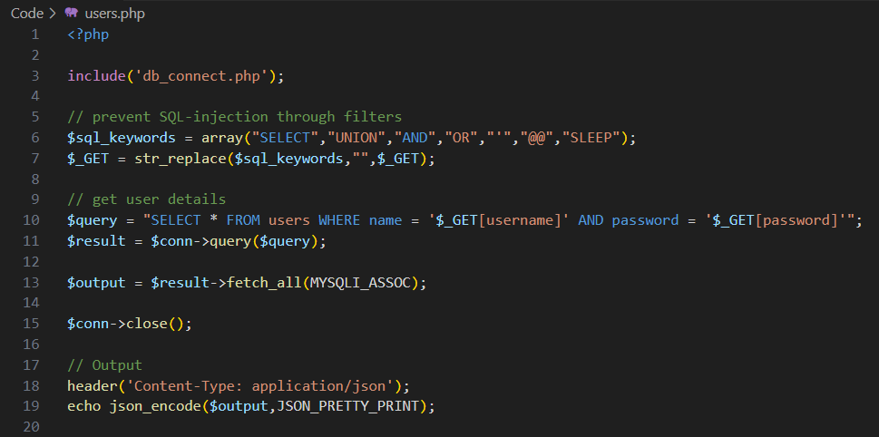 Fehlerhafter Filter zur Vorbeugung von SQL-Injections.