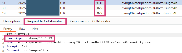 Interaktion mit dem Burp Collaborator nach Ausnutzen der Schwachstelle